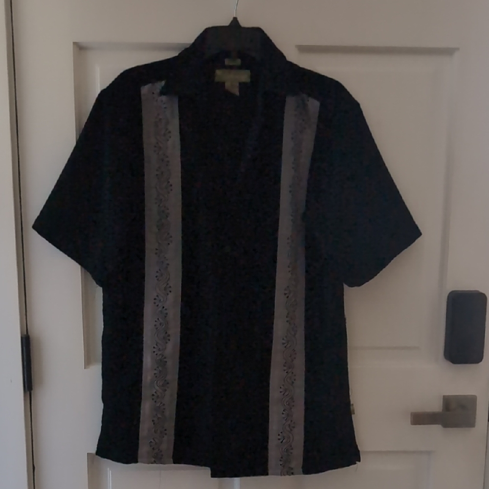 Black Short Sleeve Shirt with Gray Stripes